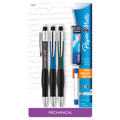 Paper Mate Comfort Mate Ultra Mechanical Pencil 0.5mm Pack Of 3 + Leads, Eraser Refills Ideal for Long Writing  Paper Mate Pencil