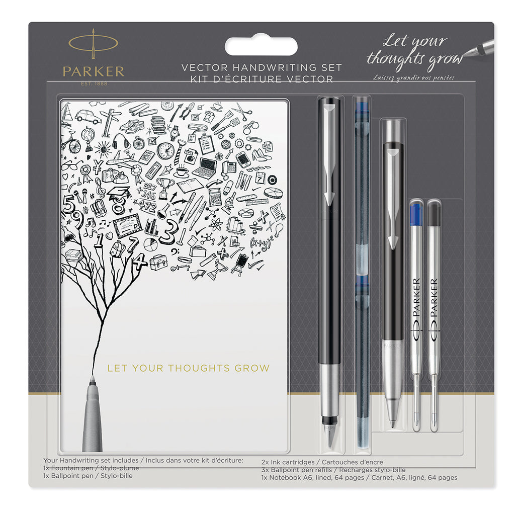 Parker Vector Fountain Pen and Ballpoint Pen Ste + Cartridges and Parker Notebook  Parker Fountain Pens
