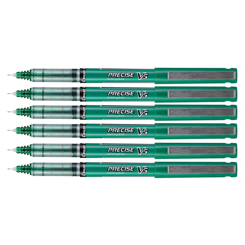 Pilot Precise V5 Green Roller Ball Pens 0.5mm Pack of 6