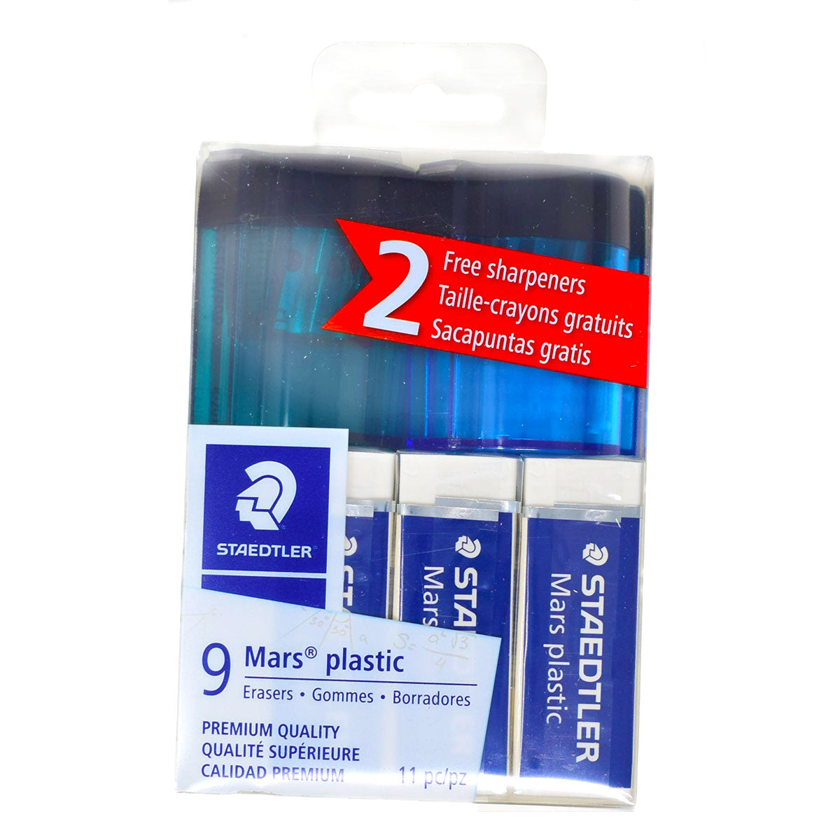 Staedtler Mars Plastic Erasers Pack of 9 + 2 Free Sharpeners Blue and Teal  Staedtler Erasers