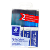 Staedtler Mars Plastic Erasers Pack of 9 + 2 Free Sharpeners Blue and Teal