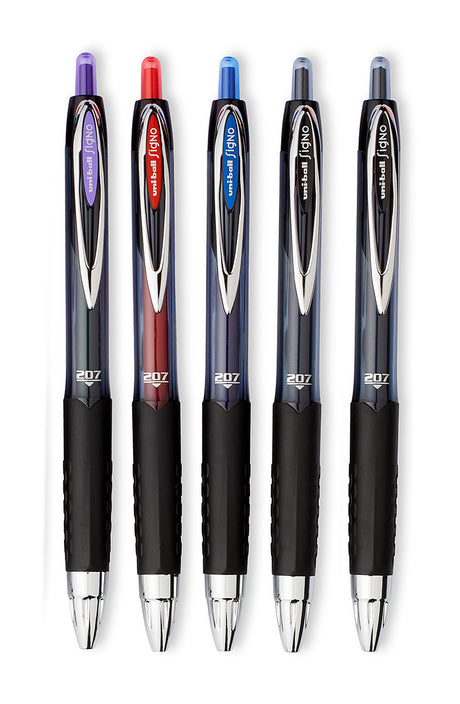 UniBall Signo 207 Gel Pens Super Ink 5 Assorted Pens 2 Black, 1 Blue, 1 Red and 1 Purple  Uni Ball Gel Ink Pens