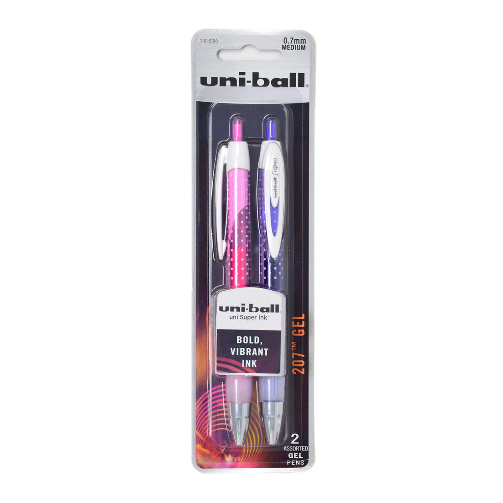 Uni Ball Signo 207 Pink And Purple Retractable Gel Pens,  0.7mm Medium - Polka Dot Style  Uni-Ball Gel Ink Pens