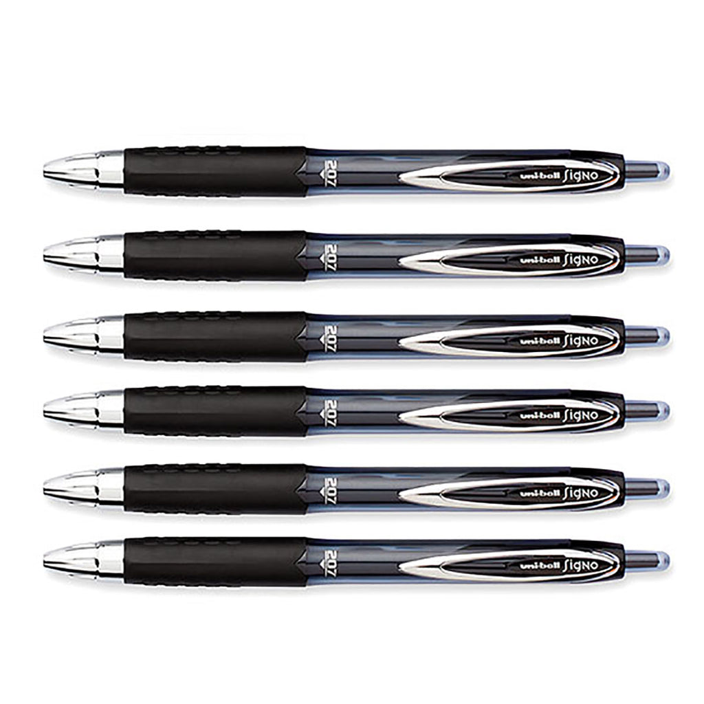 Uni Ball Signo 207 Black Retractable Medium 0.7mm Retractable Gel Ink Pen Pack of 6  Uni-Ball Gel Ink Pens